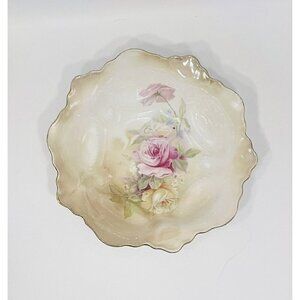 Vintage RS Germany Floral Bowl 9” Roses Enamel Handpainted Scalloped Gold Trim